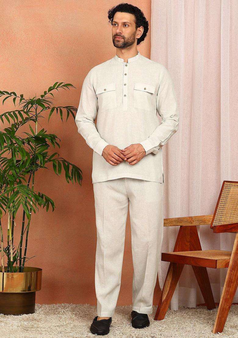 Off White Solid Linen Kurta Set For Men - Indya