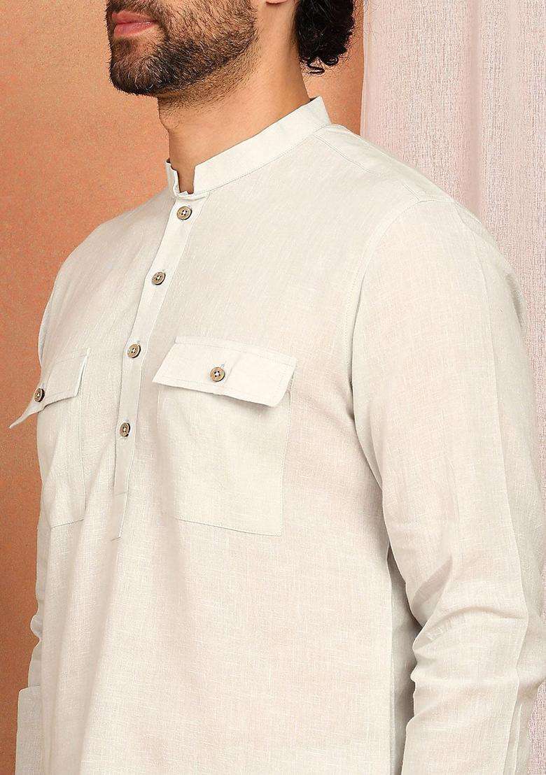 Off White Solid Linen Kurta Set For Men - Indya
