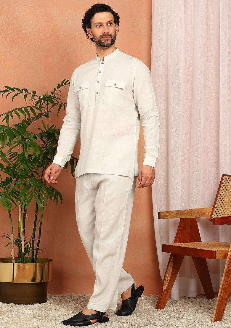 Off White Solid Linen Kurta Set For Men - Indya