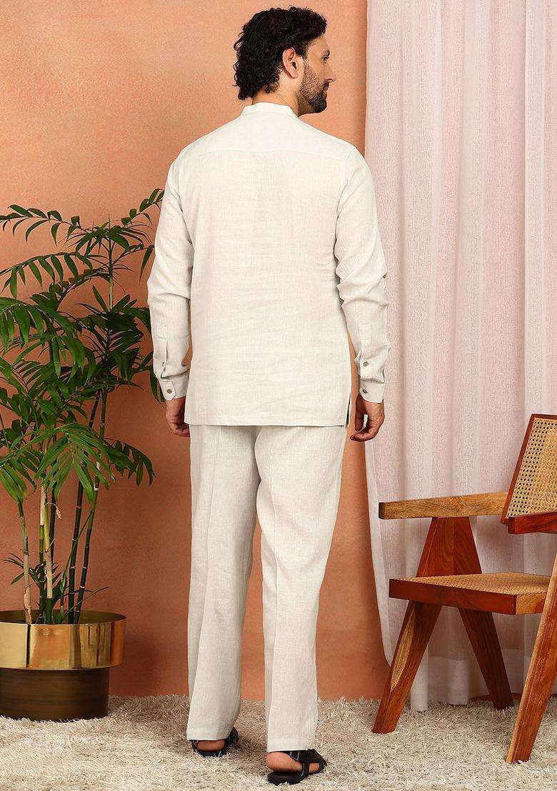 Off White Solid Linen Kurta Set For Men - Indya