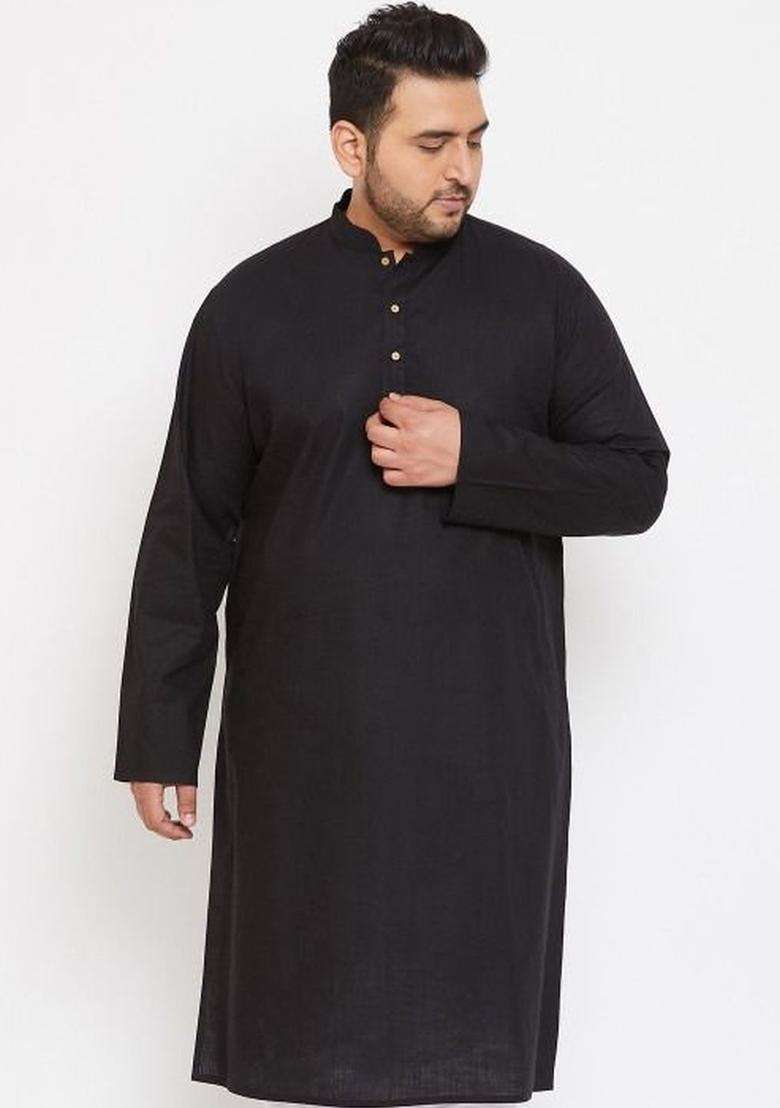 Black Solid Cotton Kurta Set For Men - Indya