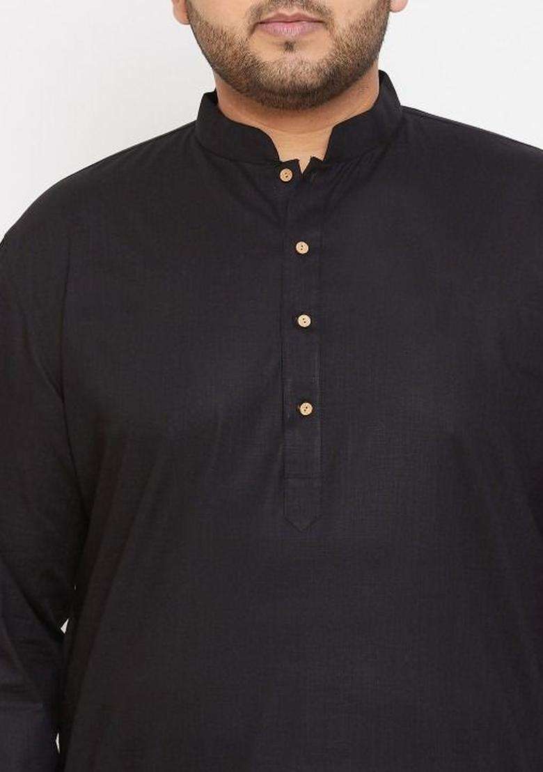 Black Solid Cotton Kurta Set For Men - Indya