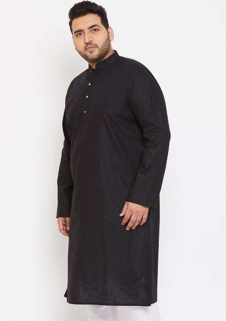 Black Solid Cotton Kurta Set For Men - Indya