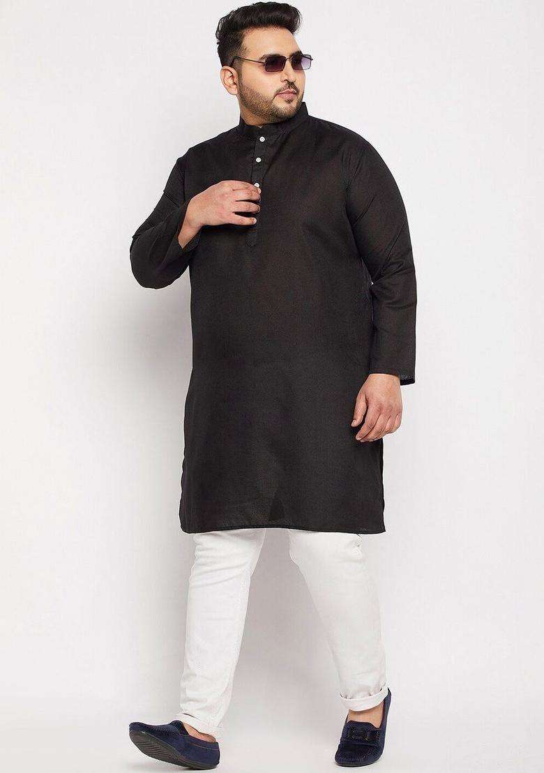 Black Solid Cotton Kurta Set For Men - Indya