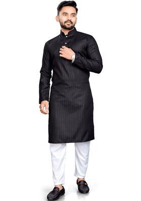 Black Striped Cotton Kurta Set For Men