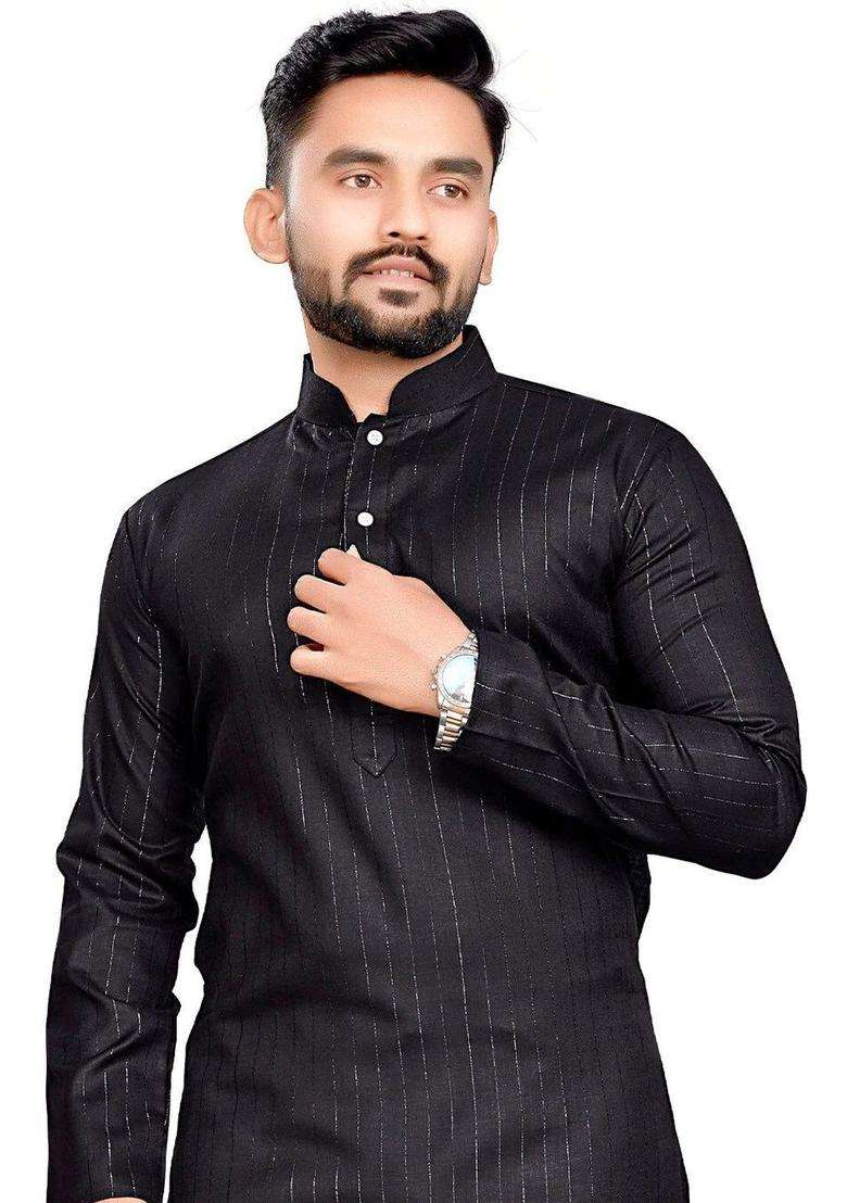Black Striped Cotton Kurta Set For Men - Indya