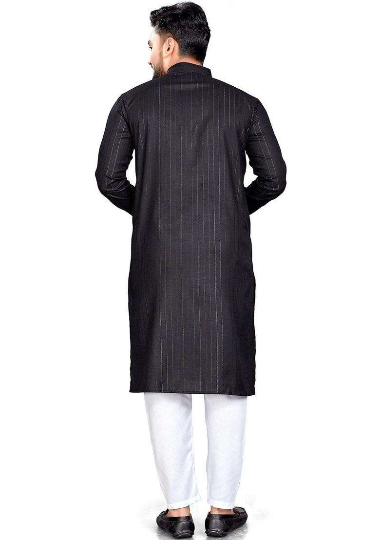 Black Striped Cotton Kurta Set For Men - Indya