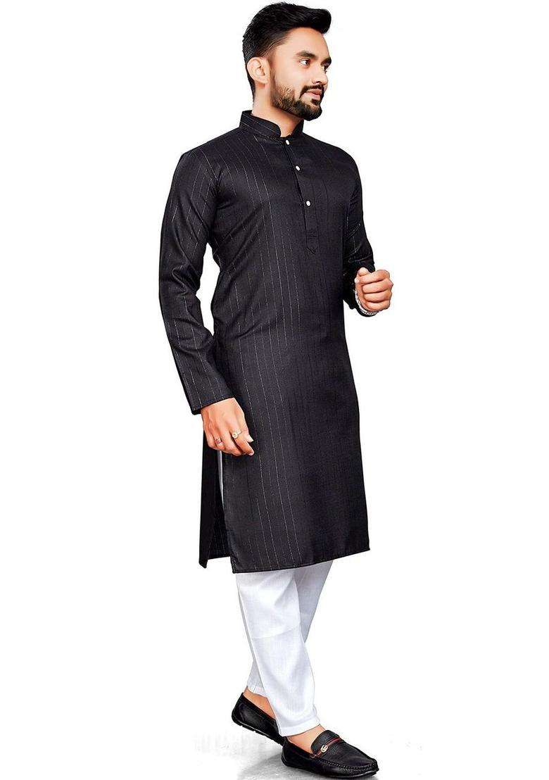 Black Striped Cotton Kurta Set For Men - Indya