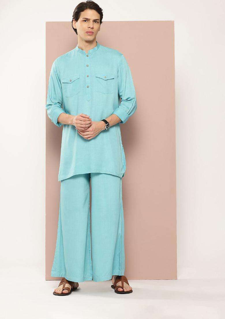 Turquoise Blue Solid Viscose Kurta Set For Men - Indya