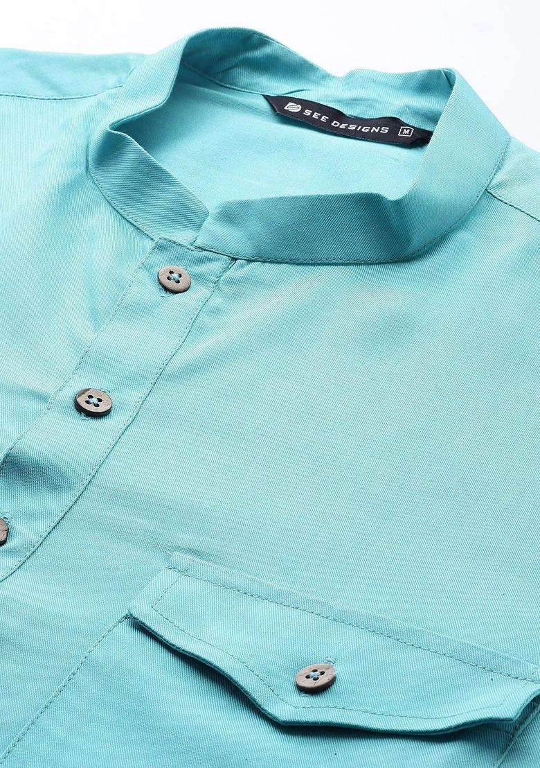 Turquoise Blue Solid Viscose Kurta Set For Men - Indya