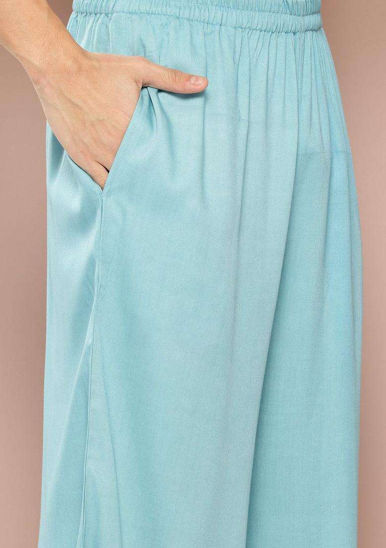 Turquoise Blue Solid Viscose Kurta Set For Men - Indya