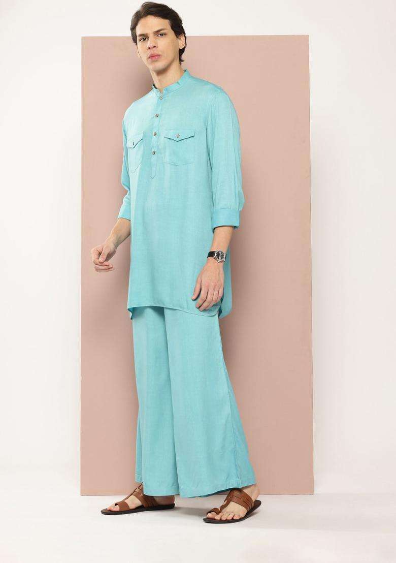 Turquoise Blue Solid Viscose Kurta Set For Men - Indya