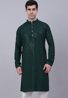 Green Embroidered Polyester Kurta Set For Men
