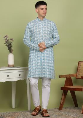 Blue Embroidered Cotton Kurta Set For Men