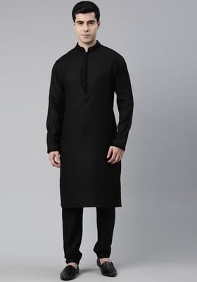 Black Solid Cotton Kurta Set For Men