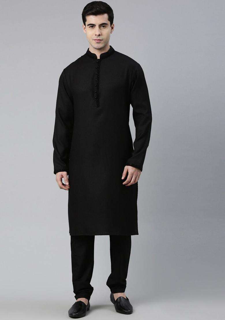 Black Solid Cotton Kurta Set For Men - Indya