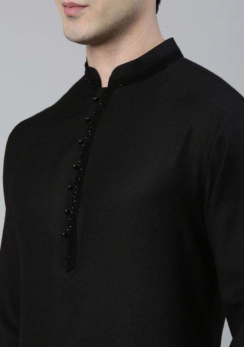 Black Solid Cotton Kurta Set For Men - Indya