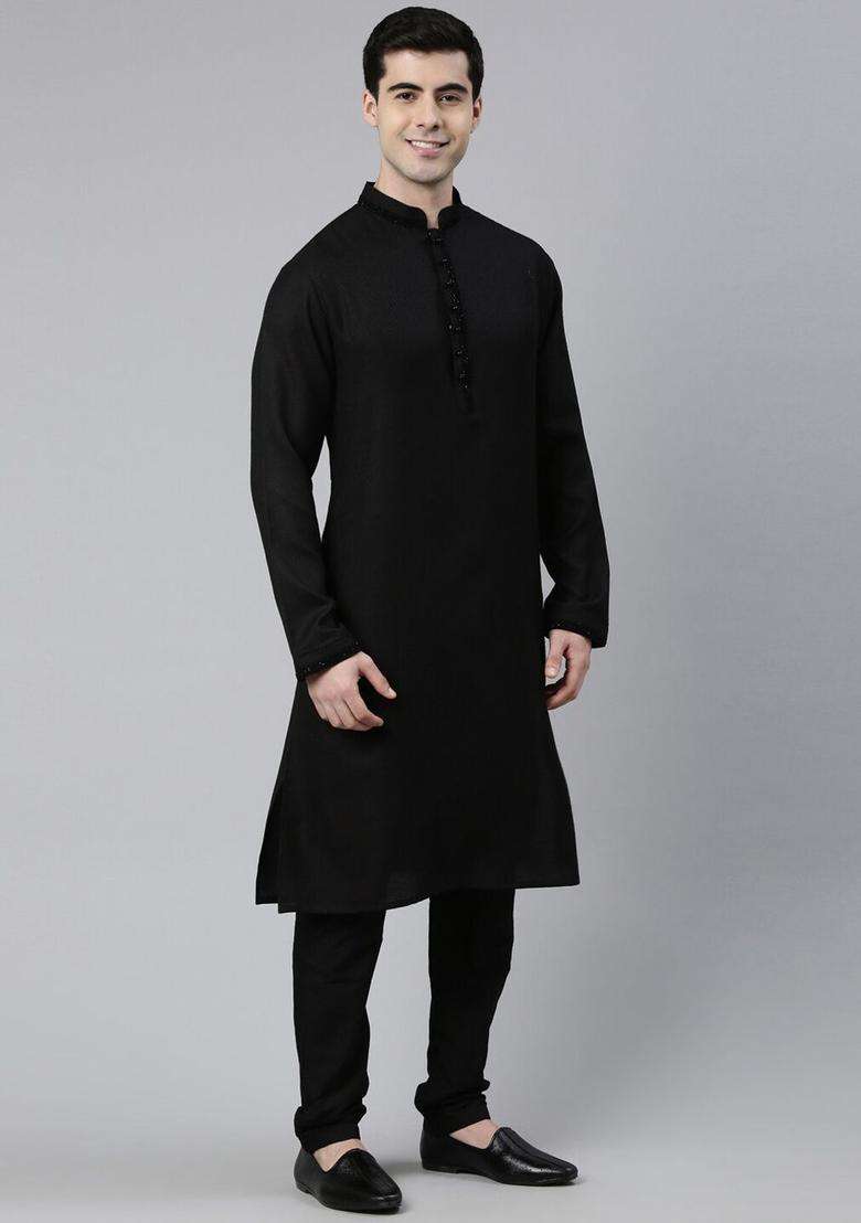Black Solid Cotton Kurta Set For Men - Indya