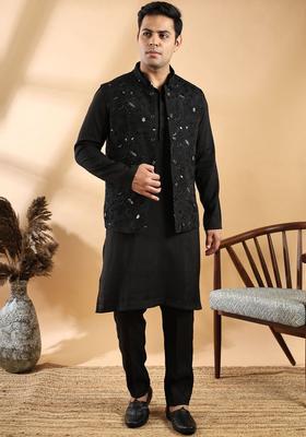 Black Solid Silk Kurta Set For Men