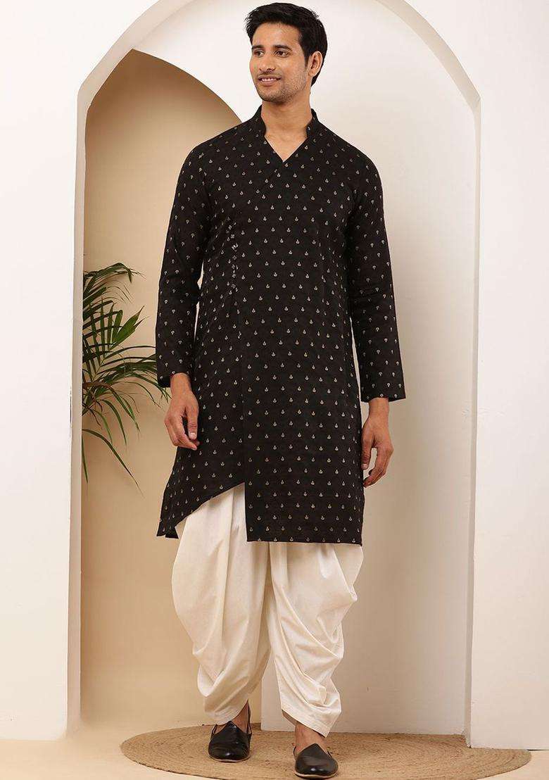 Black Printed Viscose Kurta Set For Men - Indya