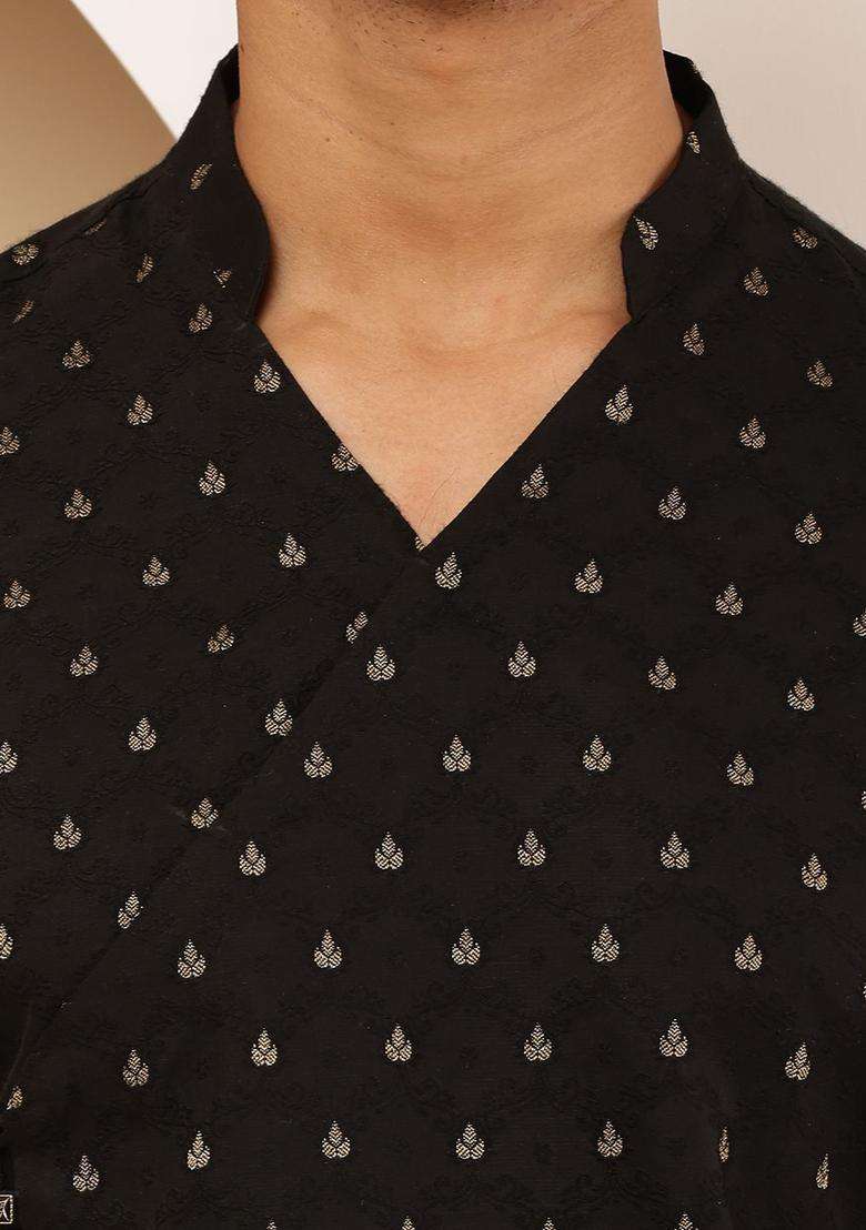 Black Printed Viscose Kurta Set For Men - Indya