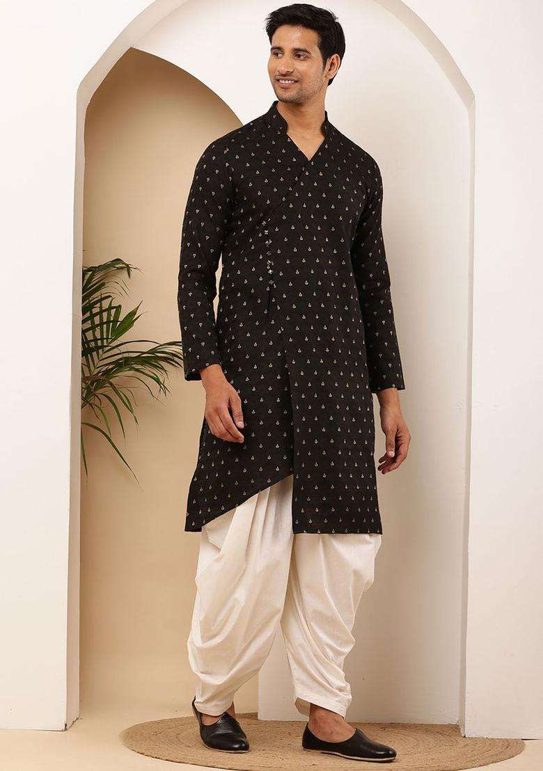 Black Printed Viscose Kurta Set For Men - Indya