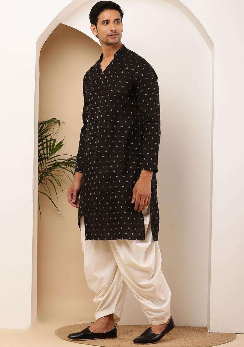 Black Printed Viscose Kurta Set For Men - Indya