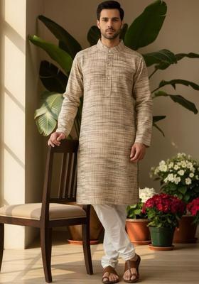 Beige Woven Design Cotton Kurta Set For Men