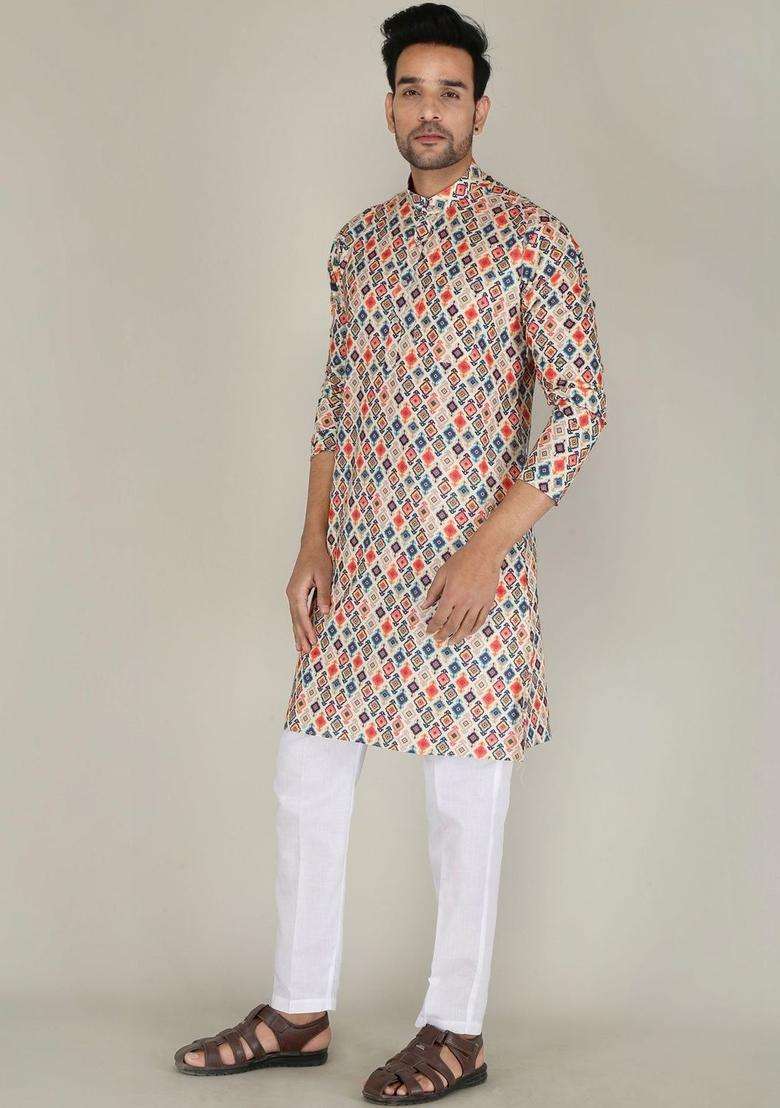 Multi Printed Cotton Kurta Set For Men - Indya