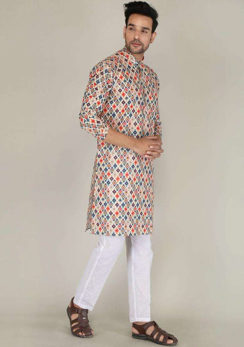 Multi Printed Cotton Kurta Set For Men - Indya