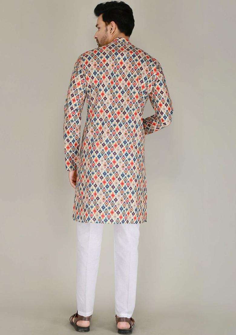 Multi Printed Cotton Kurta Set For Men - Indya