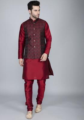 Maroon Self Design Silk Kurta Set For Men