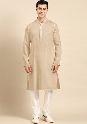 Beige Solid Cotton Kurta Set For Men