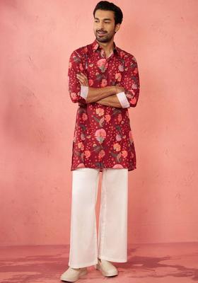 Maroon Printed Viscose Kurta Set For Men