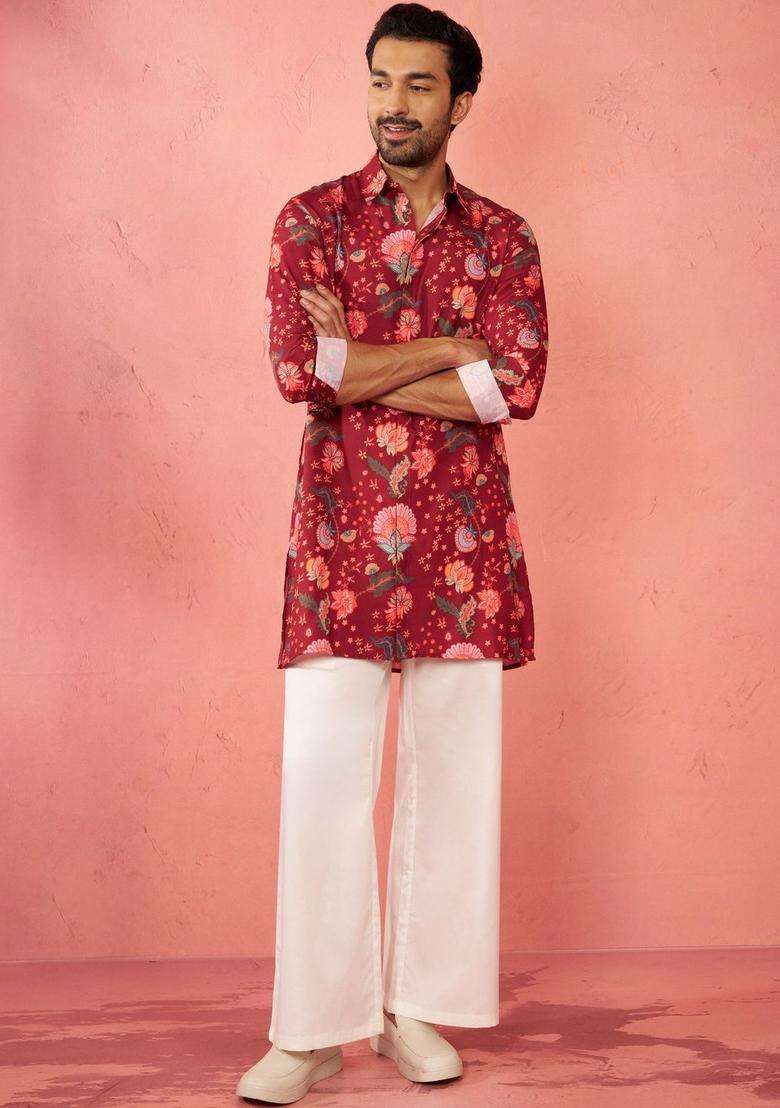 Maroon Printed Viscose Kurta Set For Men - Indya