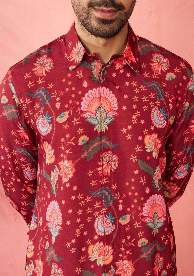 Maroon Printed Viscose Kurta Set For Men - Indya