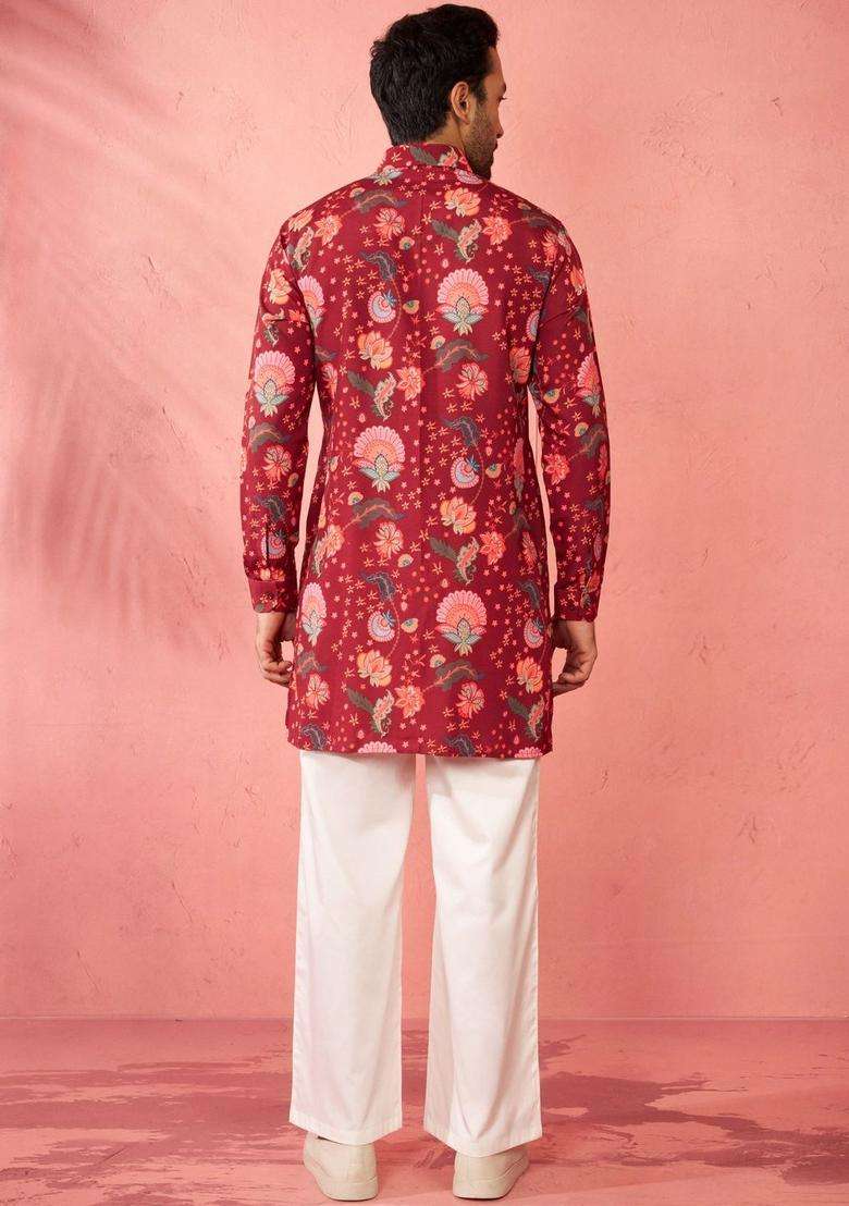 Maroon Printed Viscose Kurta Set For Men - Indya