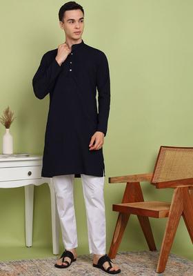 Navy Blue Self Design Cotton Kurta Set For Men