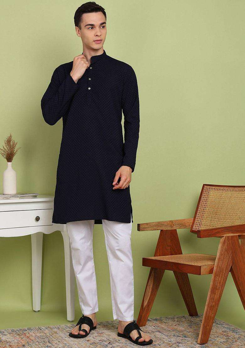 Navy Blue Self Design Cotton Kurta Set For Men - Indya