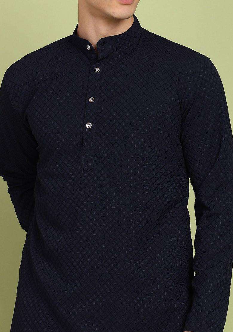 Navy Blue Self Design Cotton Kurta Set For Men - Indya
