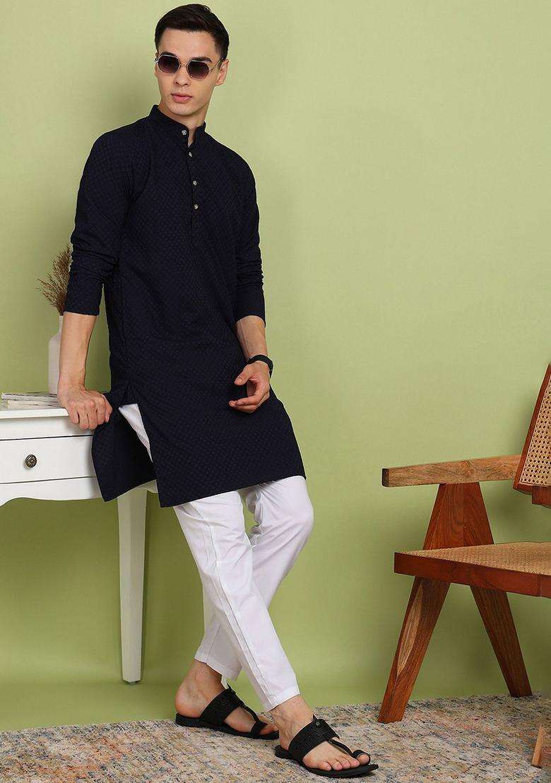Navy Blue Self Design Cotton Kurta Set For Men - Indya