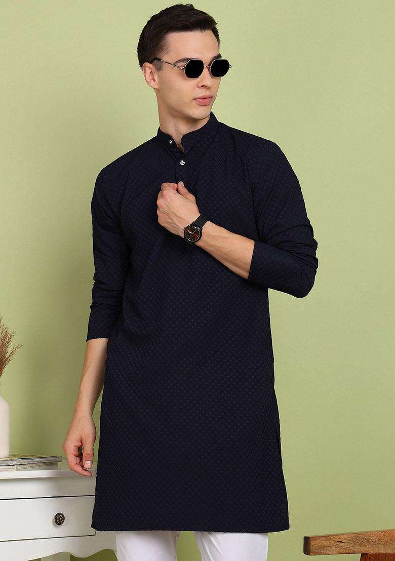 Navy Blue Self Design Cotton Kurta Set For Men - Indya