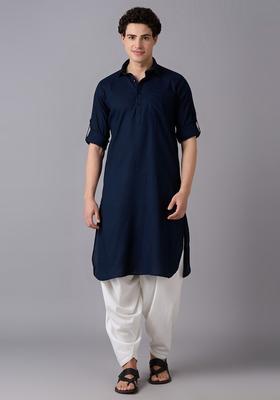 Navy Blue Solid Cotton Kurta Set For Men