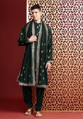 Green Embroidered Cotton Kurta Set For Men