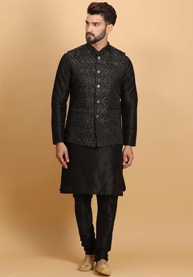 Black Self Design Silk Kurta Set For Men