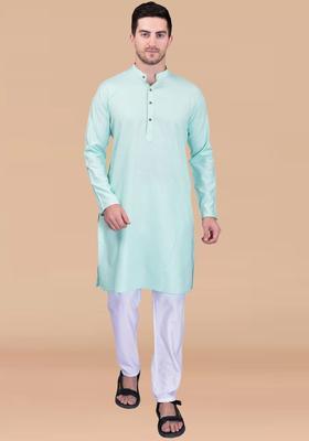 Blue Solid Cotton Kurta Set For Men