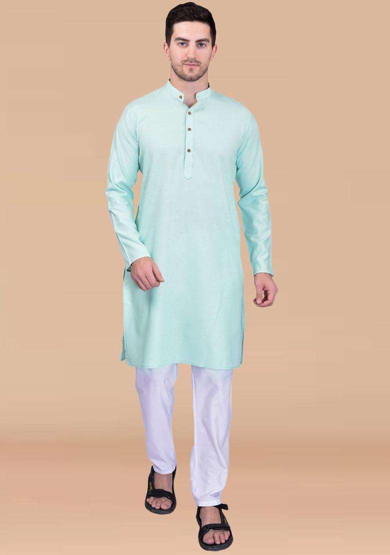 Blue Solid Cotton Kurta Set For Men - Indya