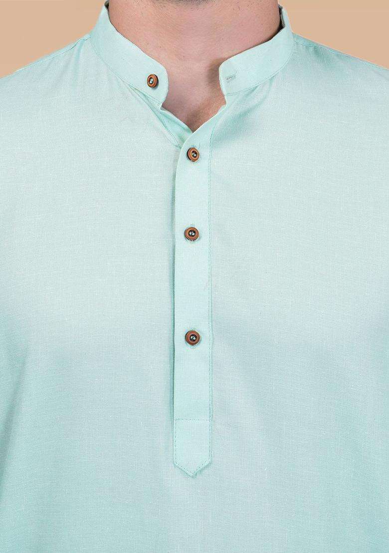 Blue Solid Cotton Kurta Set For Men - Indya