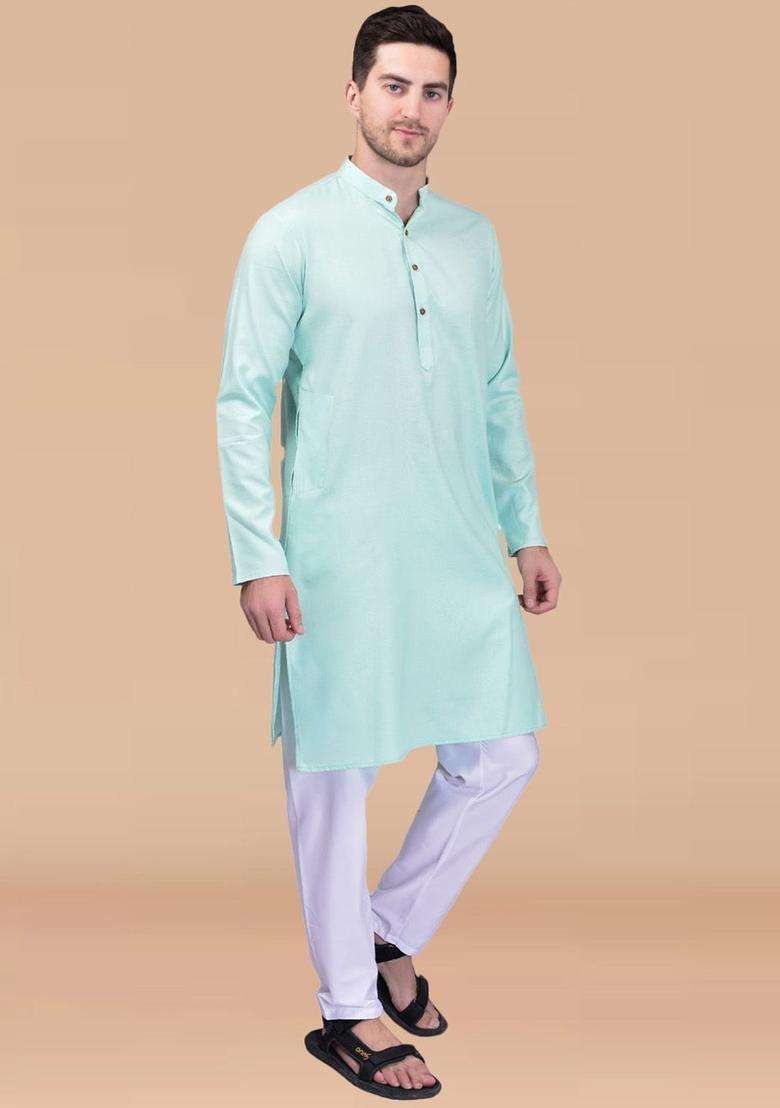 Blue Solid Cotton Kurta Set For Men - Indya