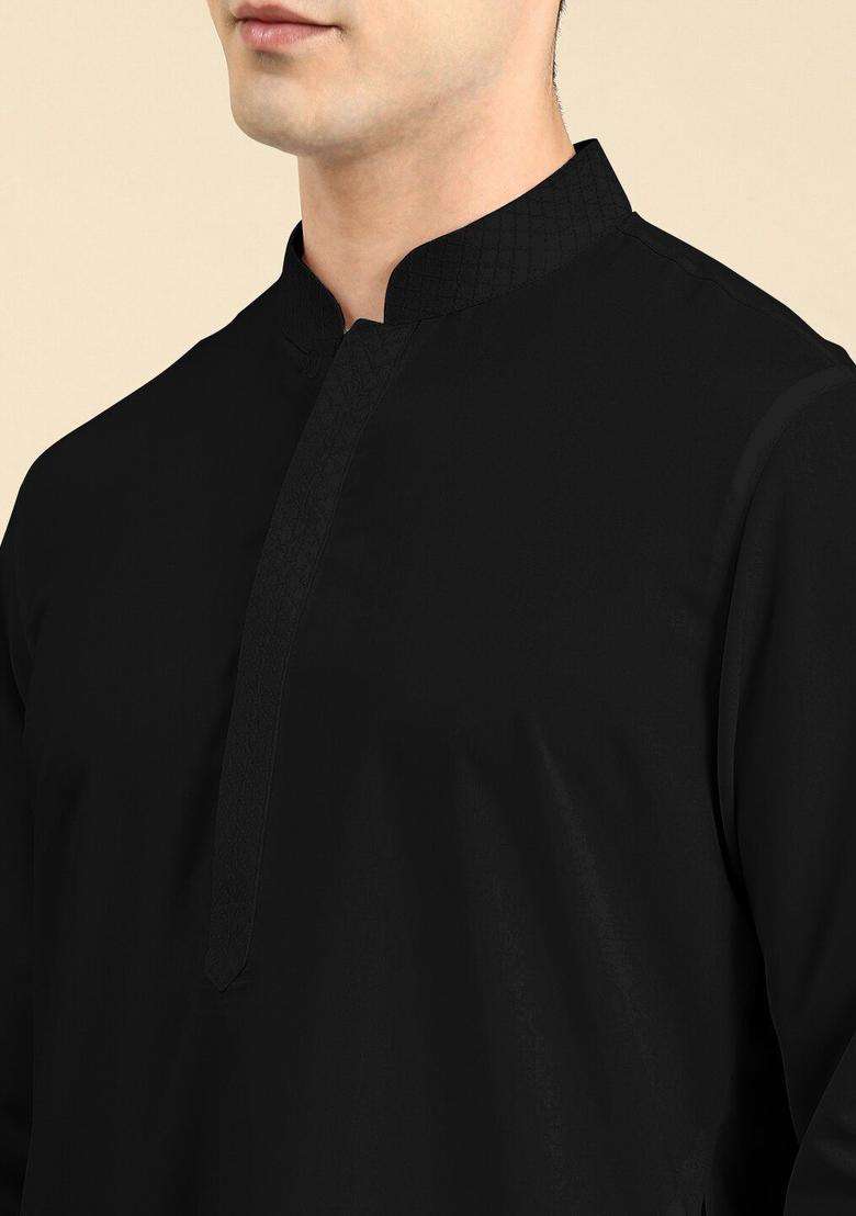 Black Solid Cotton Kurta Set For Men - Indya